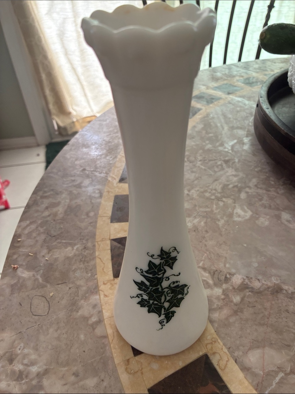 White Floral Milk Glass Bud Vase with Green Ivy Motif